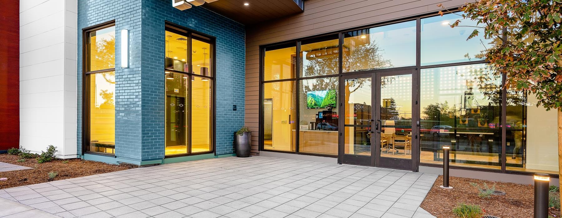 a building with glass doors