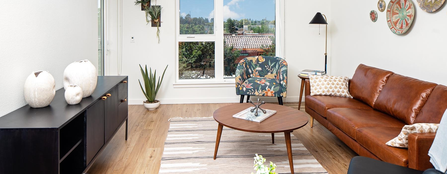 a living room with a large window